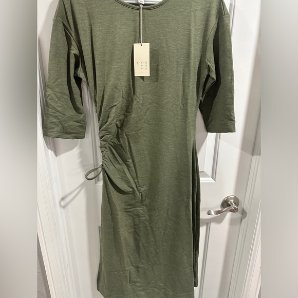 NWT A New Day Three Quarter Sleeve Olive Heather Ruched Tie Waist Dress - Picture 12 of 13